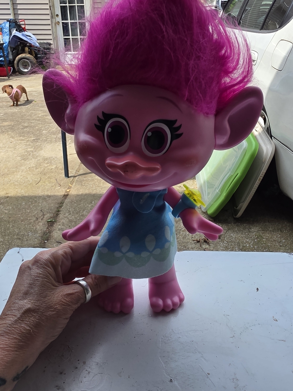 Disney Pink Troll Plush Doll with Bright Pink Hair and Blue Dress